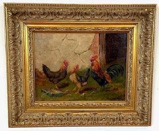 L43 Fantastic late 19th century signed painting depicting a Rooster and two Hens. Signed E. S. England in lower left corner. Oil on canvas. Vivid colors and exquisite details throughout. Beautifully framed in an ornate gold gild frame. Framed measurements: 18 &frac34;� wide x 15 &frac34;� tall x ~1 &frac34;� deep. The artist, E.S. England, was a famous British painter known for his landscape animal scenes. He was most actively painting during 1870-1910. 