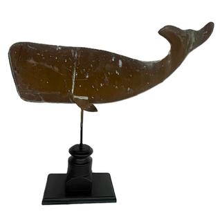 M97 Early 20th century full body copper whale weathervane mounted on custom wooden stand for display purposes. Great condition with no repairs. Measurements: ~25� long x 22 &frac12;� tall (including stand). The base is 9� x 6�.  