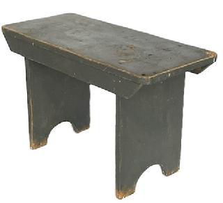 **SOLD** K1791 19th century Pennsylvania original dark gray painted pine Bench with drop aprons on each side, resting on half-moon cut out feet. Measurements: 29 &frac34;� wide x 13 &frac12;� deep x 18 &frac12;� tall.   
