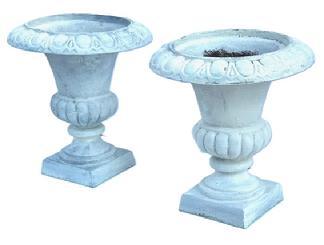 **SOLD** K277 Matching pair of small ornate Cast Iron Garden Urns retaining weathered surfaces with old white paint. Urns are solid cast iron with embossed scalloped patterned rims resting on square bases. Measurements:  12 &frac14;� across tops (openings are 8� diameter) x 5 &frac34;� square bases x 13� tall. 