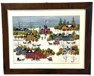M219 Hand painted Folk Art Winter Landscape Painting featuring a snowy Village scene with a large, centrally located red schoolhouse boasting a US flag atop, surrounded by trees, houses, children playing in the snow and several horse-drawn buggies, sleighs and a caboose-shaped wagon. Oil on Artist�s board with vivid colors and fantastic details throughout. Signed by artist - �MONCRIEF� in lower right corner. Handwritten note on back reads �From Bill & Chris Moncrief 1997.� Framed measurements: 20� wide x 16 &frac12;� tall.  