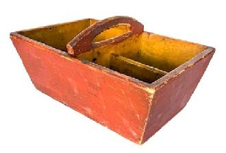 H962 19th century  Original red painted carrier with mustard painted interior with dividers. Raised center handle is curved with matching cutout for carrying. Canted sides. Square head nail construction. Very sturdy. t Measurements: 13" x 9" x 6 1/2" tall to center of handle. Sides are 5" tall.