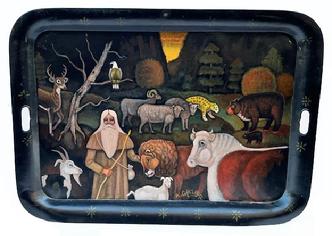 **SOLD** M109 Folk Art painted Toleware Tray depicting a Biblical scene featuring Noah with animals. Signed by artist A. Glazier (Arthur E. Glazier - Pennsylvania, 1928-2015). Fantastic details and colors throughout. Measurements: 30� wide x 22� tall. 