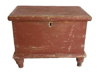  M148 Early 19th century miniature Blanket Chest retaining original dry red painted surface. Six-board pine with dovetailed case and applied moldings to top and bottom, resting on turned feet that are mortised through the bottom. Square head nail construction. Natural patina interior � with the name �Kay Floyd� written in several areas inside. Circa early 1800s.