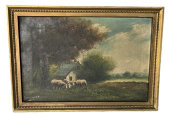K1697 Early framed Landscape Painting depicting sheep in a pasture in front of a barn. Oil on canvas. Signed �Jean Kopp� in lower left corner. Framed measurements: 20� wide x 14� tall.   