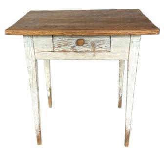 **SOLD** G74 19th century Eastern Shore Maryland / Virginia Hepplewhite one drawer stand retaining its original white painted surface. This sturdy table bears a two-board, scrubbed top and single dovetailed drawer. The gracefully tapered legs are fully mortised and pegged into the apron. The wood is yellow pine. Measurements: 30 &frac14;� wide x 24 &frac34;� deep x 30 &frac14;� tall. (23 &frac12;� from apron to floor.)  