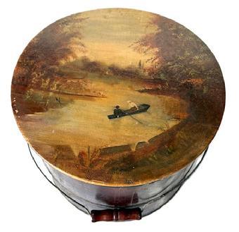 K1862 Late 19th century New England lidded wooden bucket with arched wire bail handle and turned wooden grip. The lid bears a hand painted river scene featuring a couple in a rowboat. Tongue and grooved staved construction held in place with metal bands. �SPAULDING & FROST  FREMONT NH� is stamped along the center of the bottom. (Spaulding & Frost Cooperage in Fremont, NH was founded in 1874.) Measurements: 12 &frac12;� top diameter x 13 &frac12;� bottom diameter x 12� tall. 