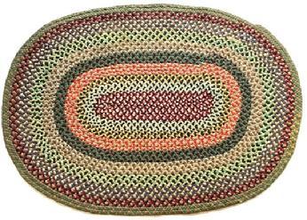 RM1453 Handmade oval braided rug � mixed wool fabrics with a burgundy center, red/tans, a hint of yellow and greens around the outer edge. Very nice condition. Measurements: 50 1/4" x 36".  