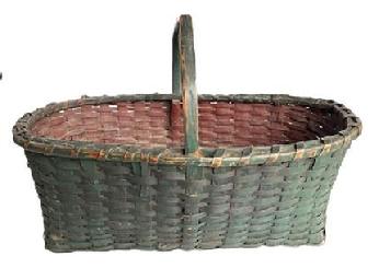  **SOLD** L376 Sturdy hand-woven gathering basket bearing its original Windsor green painted exterior with original dark red painted interior. Basket features a heavily notched, hand carved steamed and bent handle that is woven into the single-wrapped, double-rimmed construction. There are a few minor breaks on bottoms of corners, however they do not affect the integrity of the basket or the beautiful way it displays.  Measurements: 20 &frac12;� long x 13 &frac34;� wide x 7 &frac14;� tall sides x 13� tall at handle.