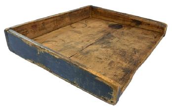 **SOLD** M204 Late 19th century New England Noodle Board / Dough Board retaining original blue painted surface on the exterior of the gallery as well as the bottom. Beautiful natural patina to the work surface of the board. These boards were used for multiple purposes serving as a kitchen counter for rolling out dough. The gallery is attached with large wire nails. Measurements: 25" wide x 21 &frac12;� deep x 4" tall gallery. 