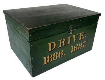 K1542 19th century Pennsylvania Document Box with spectacular green painted surface bearing "DRIVE. 1886. 1887." exceptionally hand painted in gold with black painted shadowing on the front. The same verbiage/dates are handwritten in pencil inside the lid of the box. Natural patina interior. Small square head nail construction. The wood is pine. Measurements:  14 &frac14;� wide x 10 &frac14;� deep x 7 &frac34;� tall.