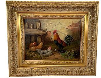 L44 Excellent late 19th century signed painting depicting a Rooster standing watch over two Hens nesting by a tattered fence leaning against a chipped painted brick wall. Signed E. S. England in lower left corner. Oil on canvas. Vivid colors and exquisite details throughout. Beautifully framed in an ornate gold gild frame. Framed measurements: 18 &frac34;� wide x 15 &frac34;� tall x ~1 &frac34;� deep. The artist, E.S. England, was a famous British painter known for his landscape animal scenes. He was most actively painting during 1870-1910. 