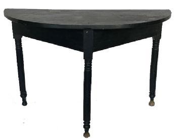 G651 19th century Demilune Table featuring a semi-circular top with turned legs ending in pad feet bearing original old green painted surface. Evidence of sewing clamp marks on the underside of top board.  The wood is pine and poplar. Measurements: 43" wide x 19 3/4" deep x 28" tall. 