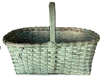 H223 Rectangular gathering basket in original light green paint. Extremely sturdy woven basket boasts double steamed and bent rims that are single wrapped and a thick, steamed and bent handle that is notched and woven into the sides of the basket.