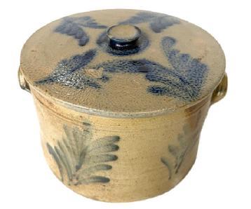 D410 Pennsylvania stoneware lidded cake crock, 19th c., with cobalt foliate sprays. Measurements:  7" tall with lid x 10 &frac12;� dia. 