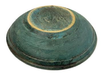 **SOLD** RM1579 Beautiful original blue painted turned wooden bowl. No chips or cracks. Exceptional painted surface exterior with natural patina interior. Slightly out of round.  Slow turned lathe band marks visible on outer sides. Fantastic bowl! Measurements: 9� � 9 &frac14;� diameter x 2� � 2 &frac14;� deep, depending on where measured.