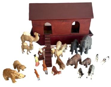 **SOLD** M3 19th century German style Noah's Ark with Noah and his wife as well as ten pairs of detailed animals. Many of the animals have real hide-covered bodies. The wood appears to be pine with small wire nail construction. Ark retains its original red painted surface and measures 18 &frac12;� long x 7� wide x ~11 &frac14;� tall. The ramp measures 10� long x 1 &frac12;� wide.   