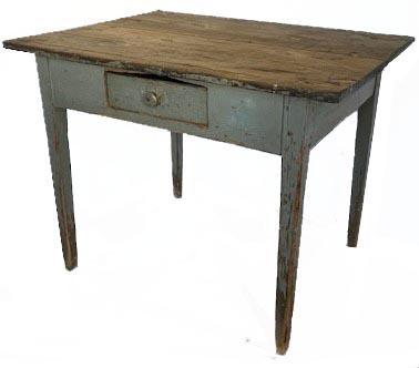 L86 19th century Maryland original gray painted one drawer worktable resting on tapered legs. Dovetailed drawer. The apron is mortised into the legs. Circa 1850s. The wood is pine. Measurements: 37 &frac12;� wide x 28� deep x 28 &frac12;� tall. Apron to floor measures 22�.    