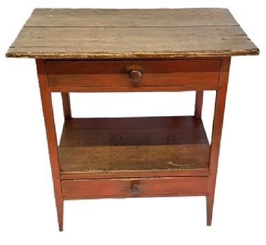 M196 Late 18th century Pennsylvania red-painted worktable with two-board top over a full-sized dovetailed drawer, bearing a shelf and a second full-sized dovetailed drawer below. All original. The wood is pine with rose-head and square head nail construction. Circa 1790s-1800. Measurements: 30 &frac14;� wide x 20� deep x 29 &frac12;� tall. (Shelf clearance is a scant 12 &frac34;�).  