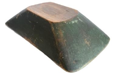 **SOLD** L504 Large 19th century hand chopped solid wooden Trencher bearing original green painted surface. There are hand hewn marks evident throughout exterior with excessive chop/slice marks on the interior of this large trencher. a large inlaid heart-shaped �make-do� repair in the bottom center due to extensive use over the years. Circa 1850s. Approximate measurements: 23 &frac12;� long x 13� wide x 5 &frac14;� deep. 