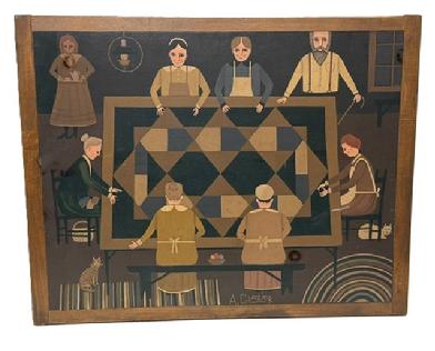 M191 Folk Art oil painting by Arthur E. Glazier (East Berlin, Pennsylvania, 1928-2015) depicting a scene of a Quilting Bee. This wonderful artwork is hand painted on a reclaimed wooden bread board and is prominently signed �A. Glazier� along the bottom border. This painting was from Mr. Glazier�s family�s private collection. Measurements: 28� wide x 22� tall.  