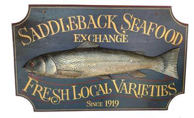 G728 Trade Sign advertising �Saddleback Seafood Exchange� �Fresh Local Varieties Since 1919� with a large, high relief-carved and painted fish in the center featuring detailed fins, scales, tail, mouth, gills and eye. Scalloped, molded-border edges, and vibrant paint colors add to the overall appeal! This mid 20th century Trade Sign
