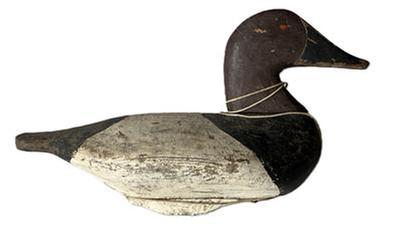 **SOLD** L82 Canvasback Drake Decoy attributed to Fred Barnard (1905-1991) of Havre de Grace, MD. (Fred is a brother of the famous decoy carvers, Charles and Thomas Barnard) bearing second coat of worn working paint with traces of the original showing. The original weight remains intact on bottom. Circa 1945. Approximate measurements: 15� long x 6 &frac14;� wide x 9� tall.  