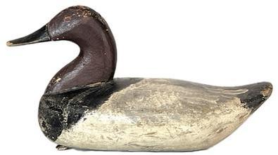 K1746 Branded Canvasback Drake Decoy -carved by August Heinefield (1883-1952) from Rock Hall, Maryland. Branded �L� on bottom. Decoy bears what appears to be a second coat of old working paint surface and original staple and ring remain intact on bottom. 