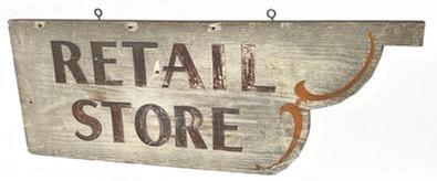 J219 Late 19th century wooden Trade Sign advertising "Retail Store". This single-sided sign boasts brown painted letters on a white background with orange scroll paintwork along the scalloped cut out end. One board. Original iron eye hook hangers remain intact on the top edge. Measurements: 30� wide x &frac34;� deep x 11 3/8� tall