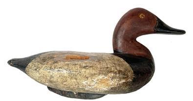 **SOLD** K48 Canvasback Drake Decoy carved by Capt. Ben Dye (1827-1896) of Perryville, MD bearing second coat of working paint. Original iron keel weight intact on bottom. Wear indicative of use. Approximate measurements: 14 &frac12;� long x 6� wide x 7 &frac12;� tall