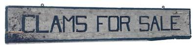 RM1487 Wooden trade sign advertising "CLAMS FOR SALE� hand painted in black letters on a white background. Letters have green shadowing, and a green border surrounds all sides of the sign. Single sided. Measurements: 36" wide x 6 1/2" tall x 3/4" thick.