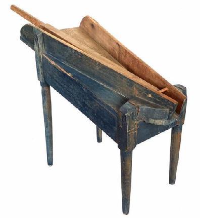 G66 Mid 19th century New England Shaker Flax Break circa 1850 in it's original blue paint , Flax, also known as linseed, is the plant used for centuries to make linen cloth. A flax break was a wooden machine that both chopped up the flax while also separating the usable, pith-like core from the outer fibres.