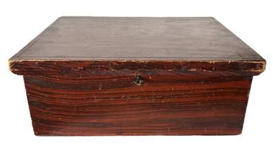 K1811 19th century New England paint decorated Bible / document box retaining the original red painted surface with black decoration and original hardware. The wood is pine. Square head nail construction. Super clean, natural patina interior. Circa 1850�s � 1880�s. Measurements:  12 &frac34;� wide x 9 &frac34;� deep x 5� tall.  