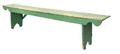 L281 19th century Pennsylvania Wash Bench with its original dry green painted surface. This bench boasts decorative cut out feet and splayed legs affixed to the top by way of a double mortise. The drop apron along the front is attached with cut nails and features shaped ends. The original mortised cross braces on back help make this bench sturdy and tight. Circa 1850. Measurements� 72� (6�) long x 11" deep x 17" tall. 