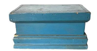 Z81 19th century identified lift lid box with original old blue paint. Wonderful, applied molding surrounds the top and bottom. Faint pencil notation with maker's name and 1840 written on bottom. The wood is pine with square head nail construction. Overall Measurements: 11 1/8� wide x 7� deep x 5 5/8� tall. 