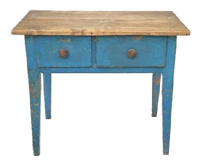  K1732 / TB3  Nice 19th century two-drawer sideboard table / server with original blue painted surface and two-board, scrubbed top resting on splayed Hepplewhite legs. Wooden pegged and wire nail construction. The drawer stretchers are mortised. The wood is pine. Found in Pennsylvania. Circa 1860-1880s. Measurements: 34 &frac14;� wide x 21� deep x 28 &frac14;� tall. (19 &frac14;� apron to floor).   