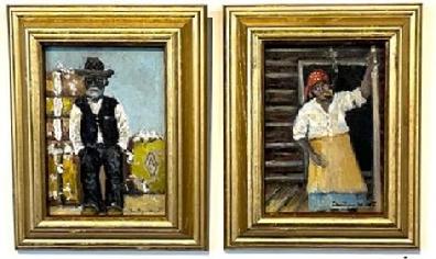 K1833 Pair of Portrait Paintings of a black man and a black lady signed by Christopher Willett (1959 -Present) of Bucks County, Pennsylvania. Each painting is oil on board, with the artist�s signature in lower right hand corners. The gentleman has �The Foreman  Mississippi� written on back with signature of Chrostopher Willett below.   The lady smoking her pipe has �After Dinner� written on back with signature of Christopher Willett below. Each frame measures 8� wide x 1 &frac12;� deep x 10� tall.  The paintings are each done on board measuring 5� wide x 7� tall.  