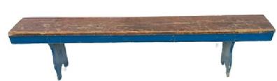 L282 Pennsylvania double mortised Bench with the top retaining remnants of its original red painted surface, whereas the bottom retains an older layer of blue paint.  Bench boasts shaped ends, half-moon cut out feet, and a drop apron on one side. The legs are double mortised through the top. Very sturdy. Circa 1820s-1830s. Measurements: 87� long x 12 &frac34;� deep x 20� tall.  