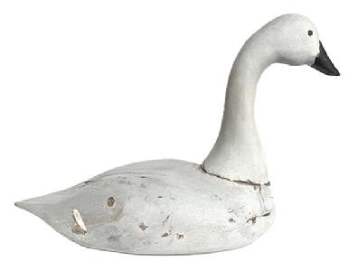 K115 Maryland Swan decoy - bearing second coat of working paint and tack eyes. Unknown carver. Heavy, solid wood - with evidence of water use / damage on bottom. Traces of rig initials (unreadable) painted in black on bottom. Approximate measurements: ~22 &frac12;� long (from tip of bill to tip of tail) x ~10" wide x ~15 &frac12;� tall. 
