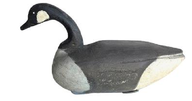 H515 Full sized Canadian Goose Decoy with carved feathers and distinct shelf neck. Original staple and two, very primitive, crossed weights are intact on bottom. Talbot County, Maryland decoy � however the exact carver is unknown.  Measurements: 21 5/8� long x 6 &frac34;� wide x 11 &frac12;� tall. 