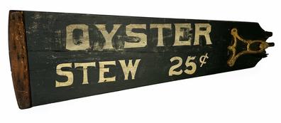 J41 Early 20th century double sided Restaurant Advertising Trade Sign painted on a wooden fan blade. One side reads �OYSTER STEW 25c� and the reverse side reads �PORK & BEANS�.
