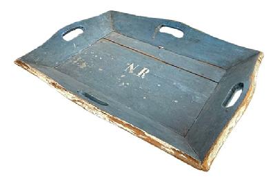 L464 Sturdy 19th century New England Apple Tray retaining beautiful old dry blue over the original gray painted surface with the initials �N.R.� painted in white in the center. The top edges are also adorned with white paint. The tray features deeply canted sides with shaped cutouts on each side for convenient carrying. The wood is pine with square head nail construction. Measurements: Top is 25� wide x 19� deep x 2 &frac34;� tall (bottom is 19 7/8� wide x 13 &frac14;� deep).  