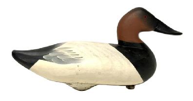 M229 Canvasback Drake Decoy carved by Charlie Joiner from Chestertown, Maryland. Circa 1960's. Original staple, ring and weight intact on bottom. Signed �Charlie Joiner  Chestertown, MD  1962� on bottom. Appears to be original painted surface. 