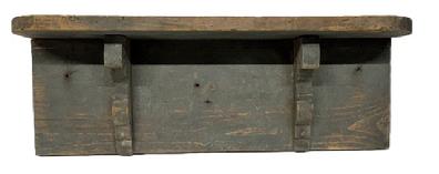 **SOLD** M205 Mid-19th century New England original pewter gray painted Wall Shelf. Classic lines with nice, applied decorative cutout supports underneath and rounded front corners. Very sturdy. The wood is pine. Square head nail construction. Circa 1850s. Measurements: 24� wide x 6 &frac12;� deep x 8 &frac12;� tall. The shelf support boards are 1� thick. 