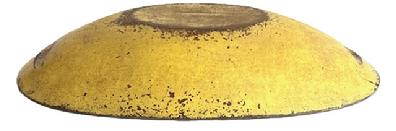 **SOLD** L491 19th century oval Trencher / Dough Bowl with original yellow painted exterior and natural patina interior. Notched handle on each end. Interior retains evidence of chop / slice marks and wear from use. Age crack along the center of the bottom as seen in photos that does not affect integrity of the trencher. Measurements: 19� long x 10 &frac14;� wide x 3 &frac14;� deep.  