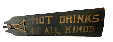 J42 Early 20th century double sided Restaurant Advertising Trade Sign painted on a wooden fan blade. One side reads �HOT DRINKS OF ALL KINDS� and the reverse side reads �PORK & BEANS�