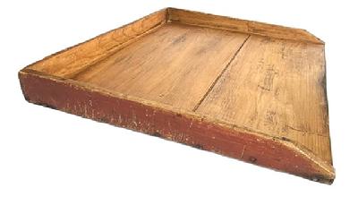 M172 Late 19th century Noodle board, found in Pennsylvania. These were sometimes referred to as a Dough Board, as these boards were used for multiple purposes such as on a kitchen counter for rolling out dough. A gallery is attached with early wire nails. The tapered edge gallery, as well as the bottom, bears the original red painted surface. Beautiful patina with nice wear � indicative of age and use. Circa 1860s � 1880s. Measurements:  27 &frac14;� wide x 22 &frac34;� deep x 2 &frac34;� tall. 