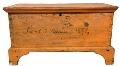 M260 19th century Lancaster County, Pennsylvania diminutive blanket chest in original dry pumpkin paint - identified and dated on front - "Sarah J. Pefferman 1859". Six board dovetailed construction with applied dovetailed bracket base featuring nice cut outs, applied molding around three sides of the lid secured by small square head nails and small lidded glove till mortised inside. Measurements: 25� wide x 13� deep x 15 3/4� tall. 