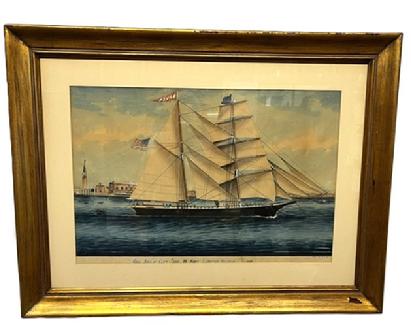 M296 Spectacular hand painted watercolor and gouache painting of a double masted, fully rigged ship in full sails with the caption below: �Brig . Raven � Capt. Saml. M. Nash � Leaving Venice 1880�. It is signed in the lower right corner �Antonio Luzzo Painter off Venice�. (Artist Anthony �Antonio� Luzzo (1855-1907) The ship is boasting a red and white pennant that reads �RAVEN�, a U.S. Flag and a flag with white stars upon a blue background. The ship�s details in this painting are phenomenal! Professionally framed � measurements: 40 &frac14;� wide x 1 &frac34;� deep x 30 &frac12;� tall. 
