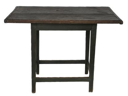 L67 Very early 19th century Pennsylvania stretcher base Tavern Table bearing old blue painted surface. One board top boasting breadboard ends has a nice overhang on all sides and bears a great dark natural patina from years of use. The legs and stretchers are mortised and pegged construction. Top is secured with large square head nails and wooden pegs. The wood is maple. Circa 1800. Measurements: 34 &frac34;� wide x 23� deep x 25 &frac12;� tall. The overhang is 7 1/8� on ends and 3 &frac12;� on sides.   